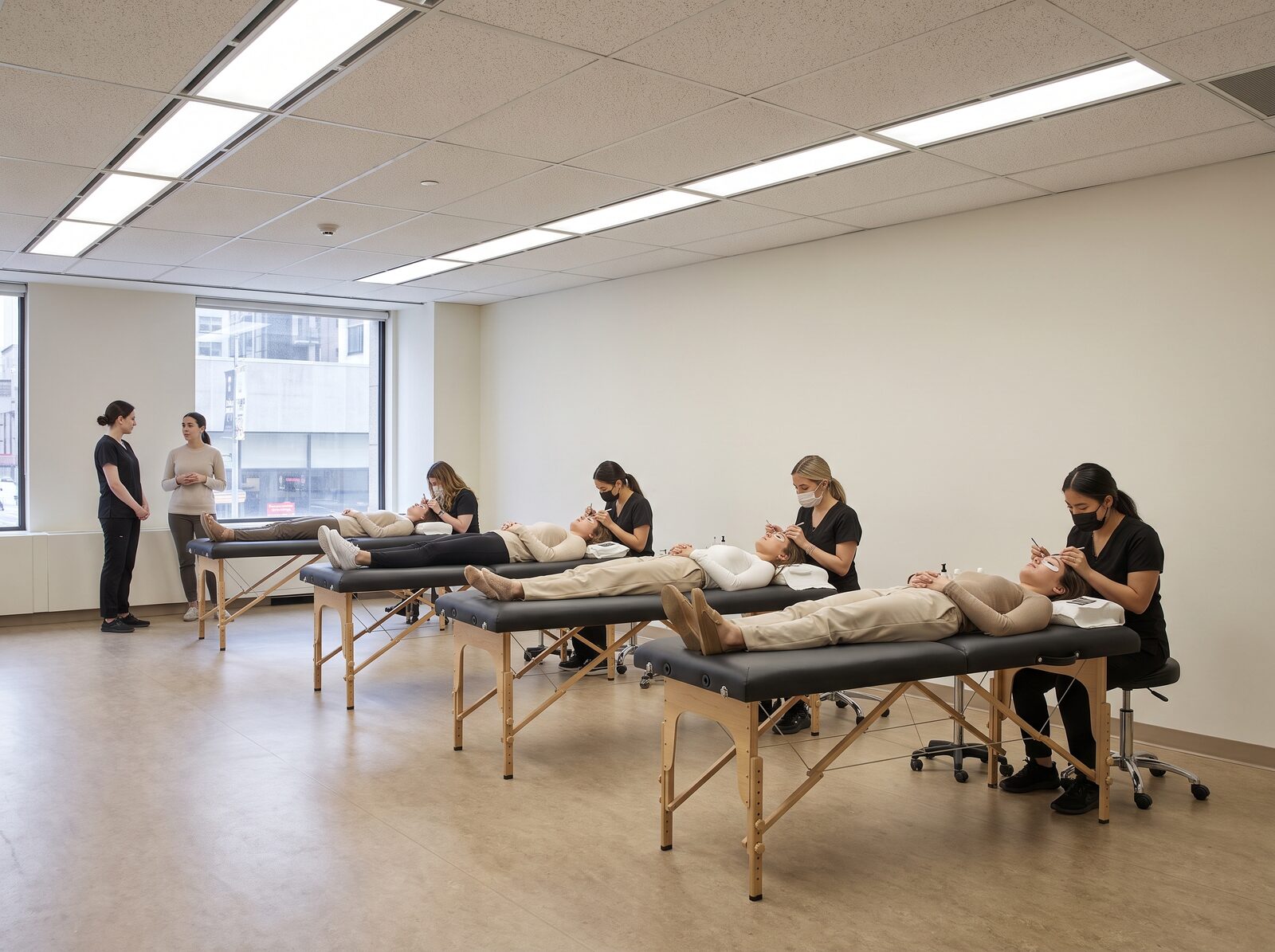 Illustrative mock-up of four lash appointments taking place in one plain open treatment room
