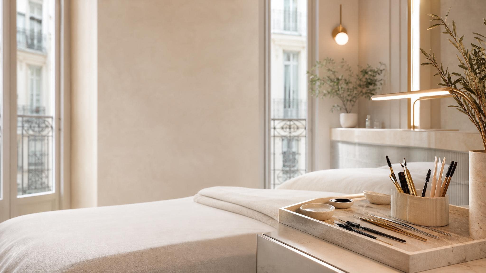 Lash treatment bed and tools in a bright salon room